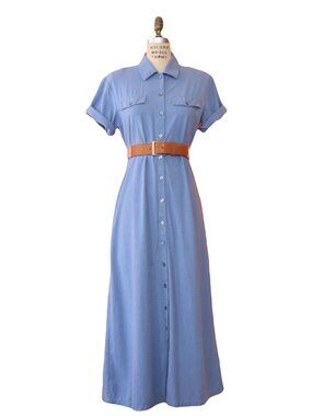 Vintage 1990s Women's Stone Blue Silk Maxi Buttondown Dress Medium